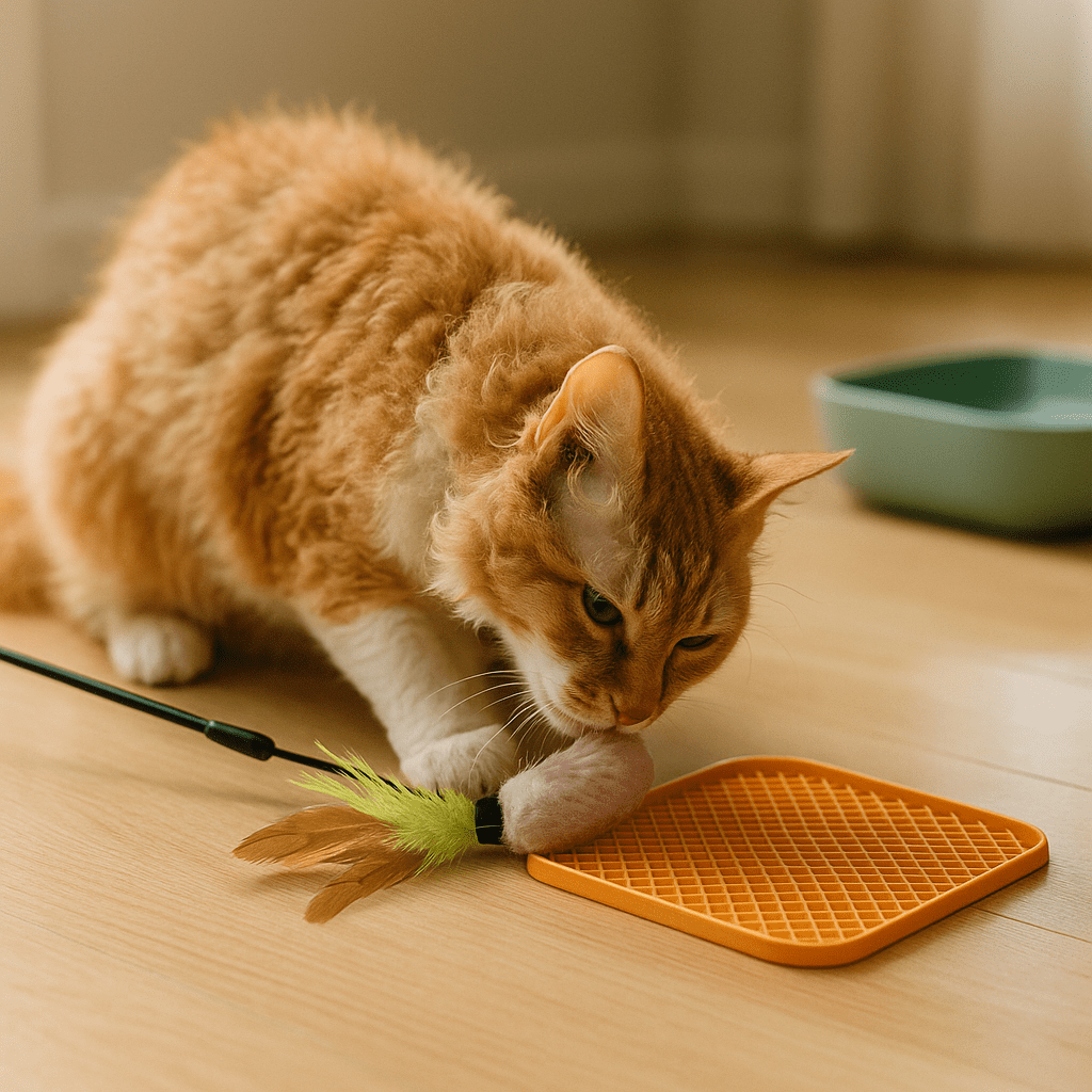 LaPerm cat care enrichment—short wand play that ends with a calming lick mat