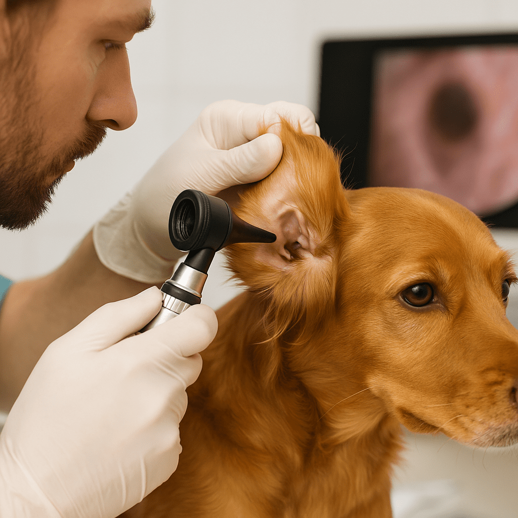 Dog Ear Mite Treatment
Veterinarian examining a dog’s ear with an otoscope to diagnose ear mites.