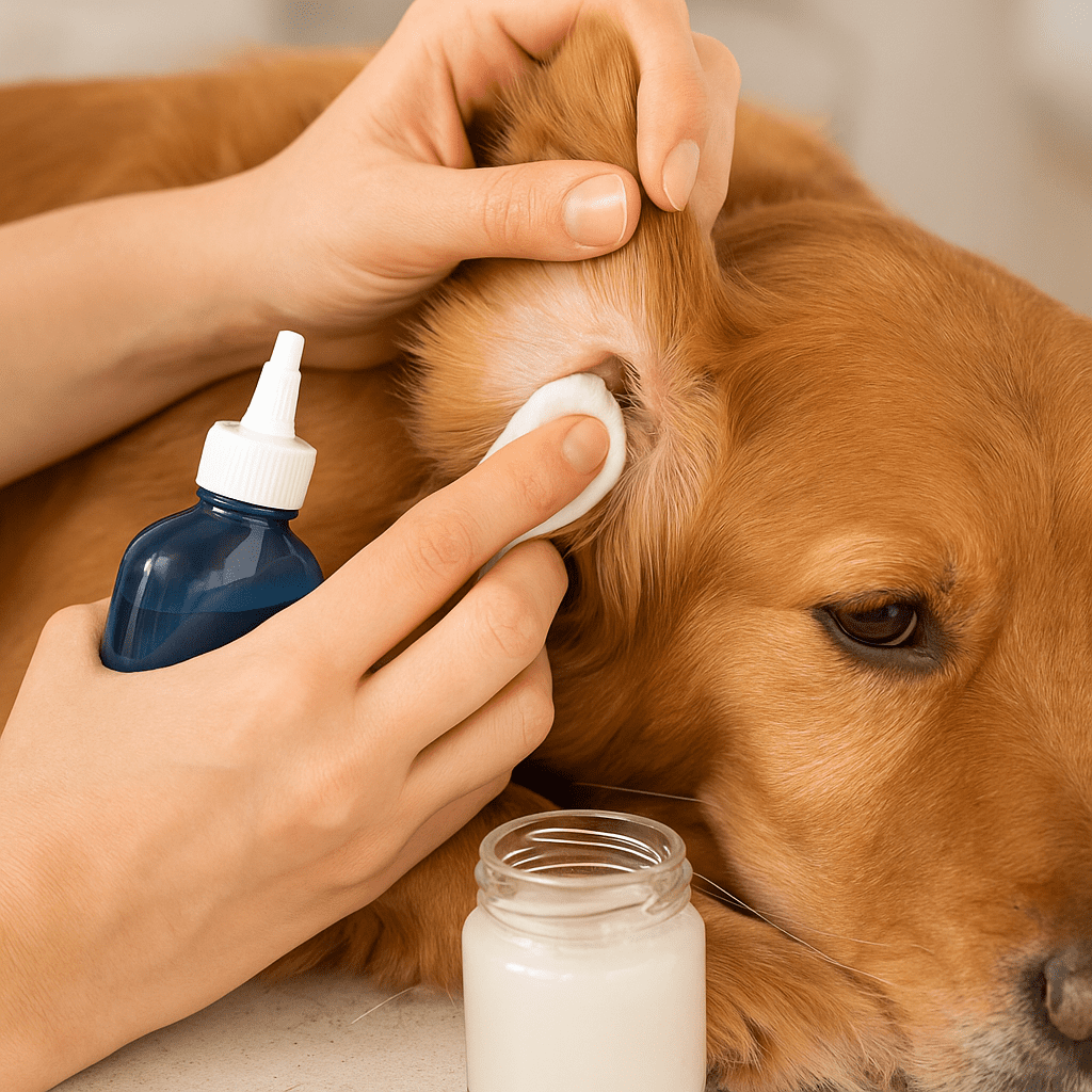 Dog Ear Mite Treatment
Owner using vet-approved ear cleaner on a dog at home, demonstrating safe ear mite treatment.