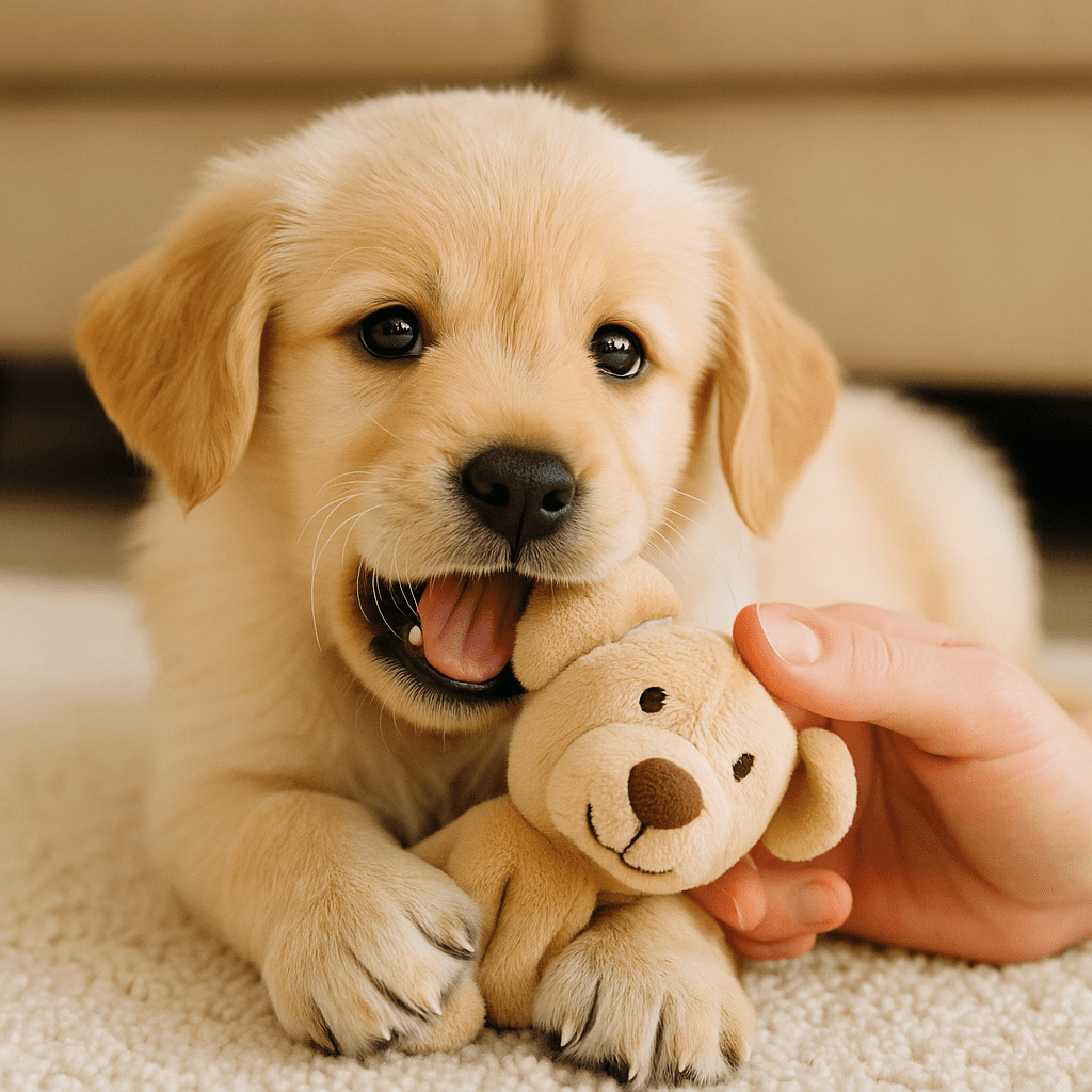 Stop Puppy Biting
Teething puppy chewing a toy, showing natural biting behavior before training.