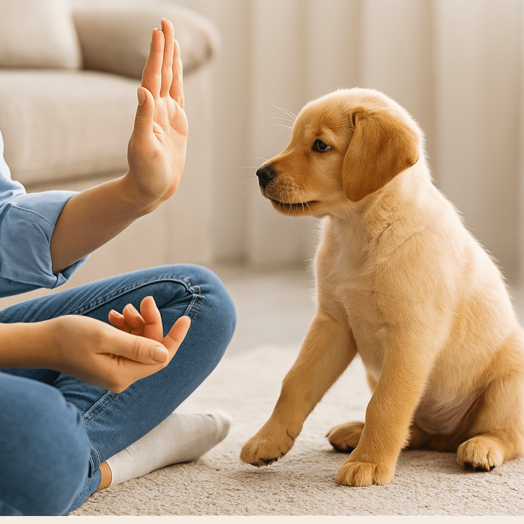 Stop Puppy Biting
Puppy training session with owner using positive reinforcement to stop biting.