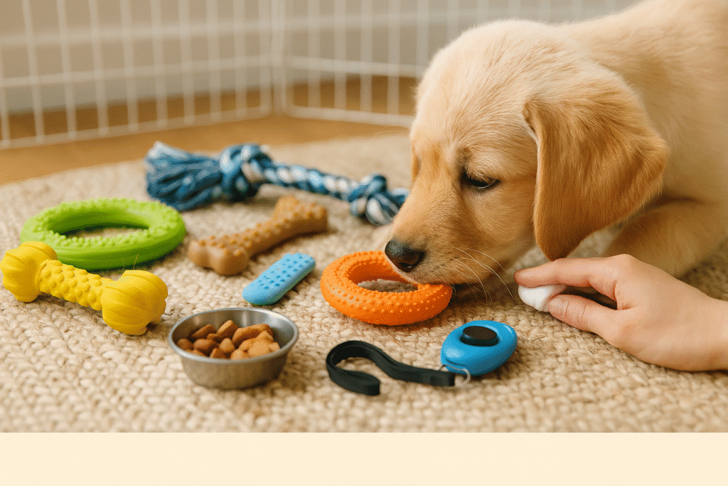Stop Puppy Biting
Chew toys, teething rings, and treats displayed for puppy bite training at home.