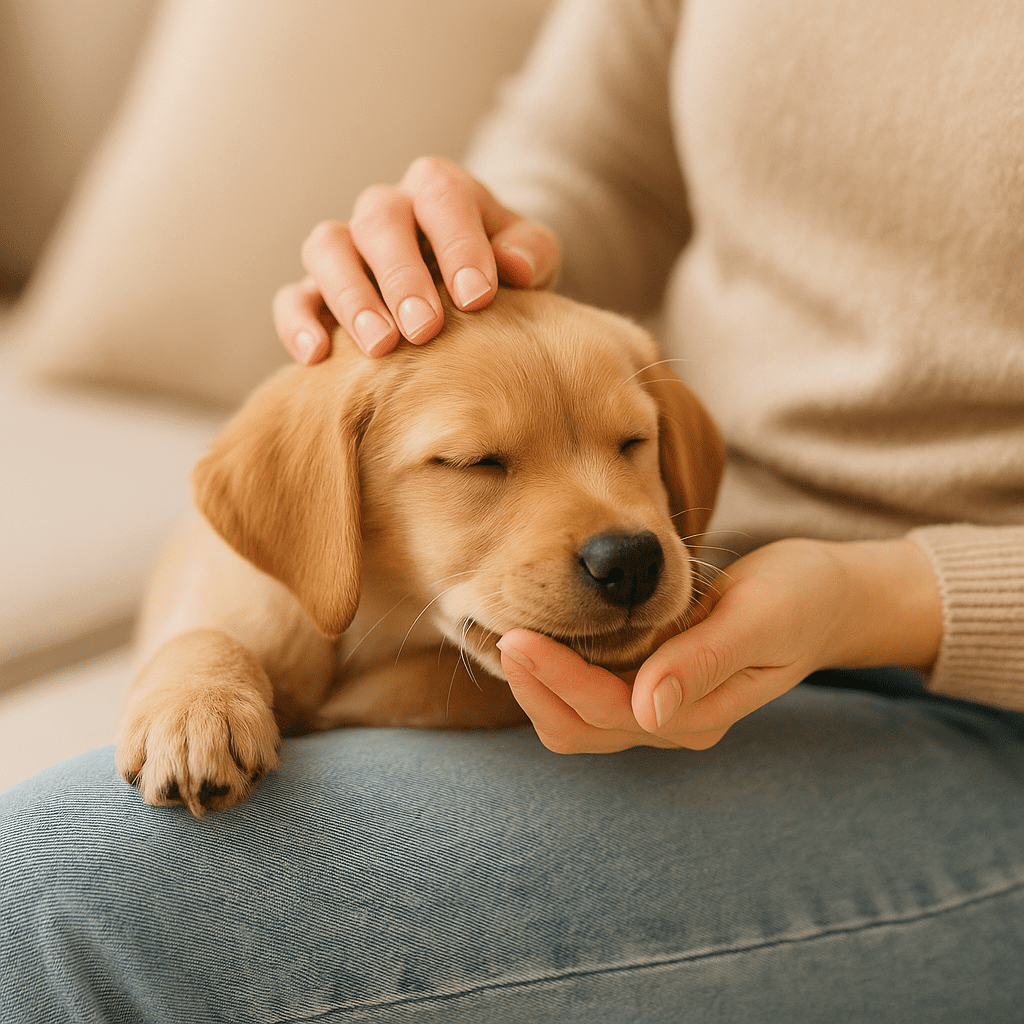 Stop Puppy Biting
Relaxed puppy cuddling with owner after successful bite training, showing trust and gentle play.