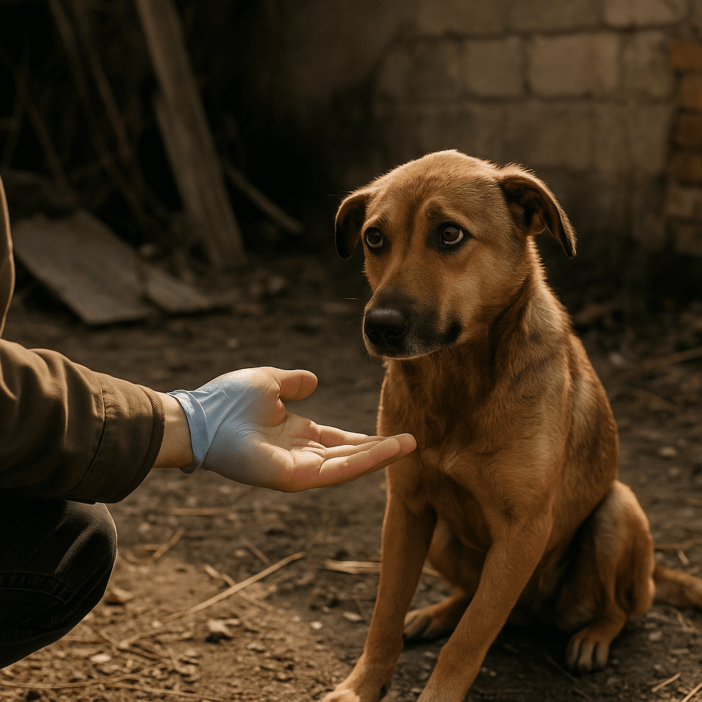 Rescued Dog
Rescuer reaching out to a frightened dog in an abandoned yard, marking the first step toward rescue and healing.