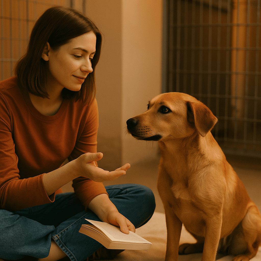 Rescued Dog
Volunteer calmly sitting by a shelter kennel, gently talking to a rescued dog beginning to trust again.
