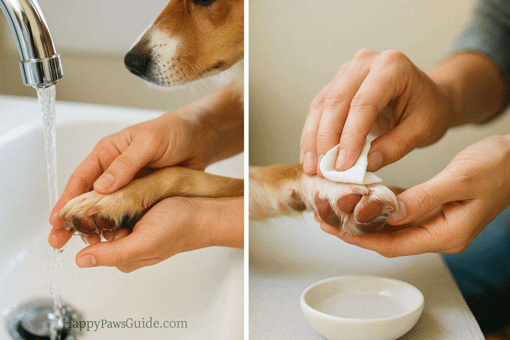 Dog paw pad burn treatment—cool water rinse and gentle gauze pat-dry
