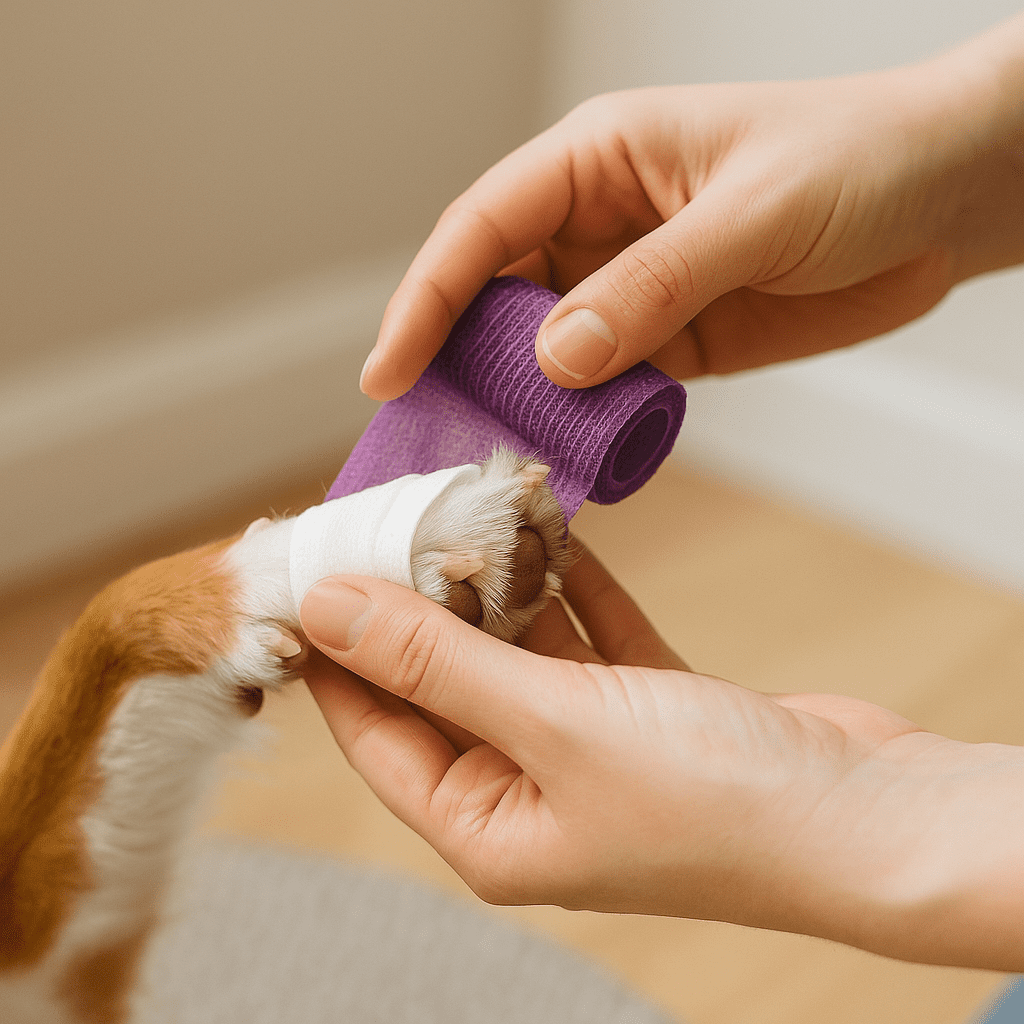 Dog paw pad burn treatment—non-stick sterile dressing with soft cohesive wrap