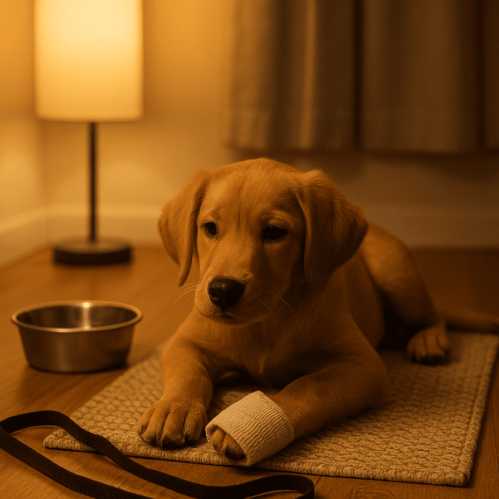 Crate training at night—sniff walk and calm station on a mat before bedtime