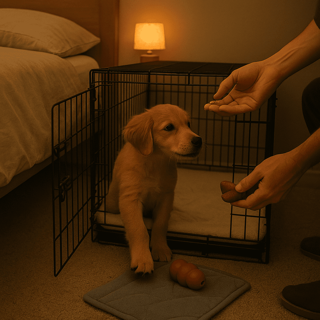 Crate training at night—dog entering the crate calmly to a stuffed chew