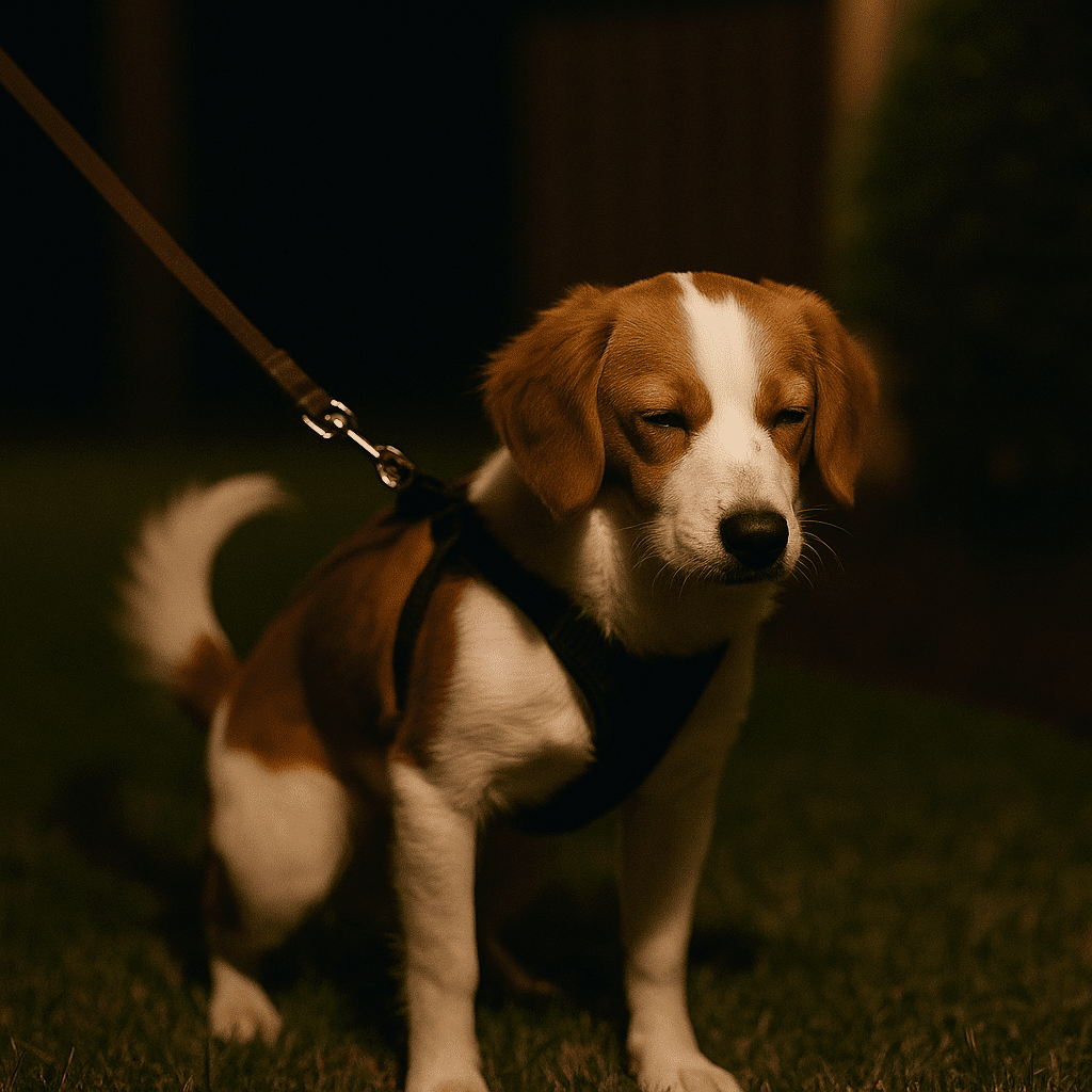 Crate training at night—quiet leashed potty break with no play, straight back to bed