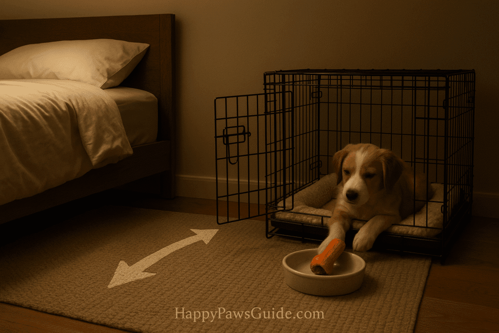 Crate training at night—gradually moving the crate farther from the bed after quiet nights