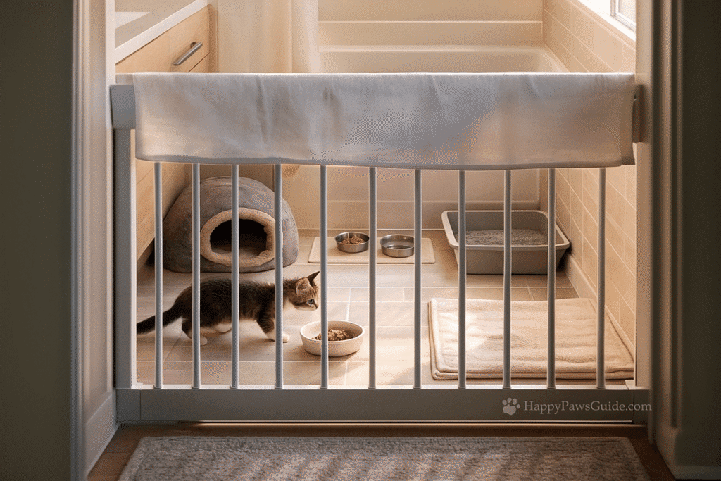 Feral kitten socialization—quiet room setup with hide, food, litter, and rest zones behind a baby gate