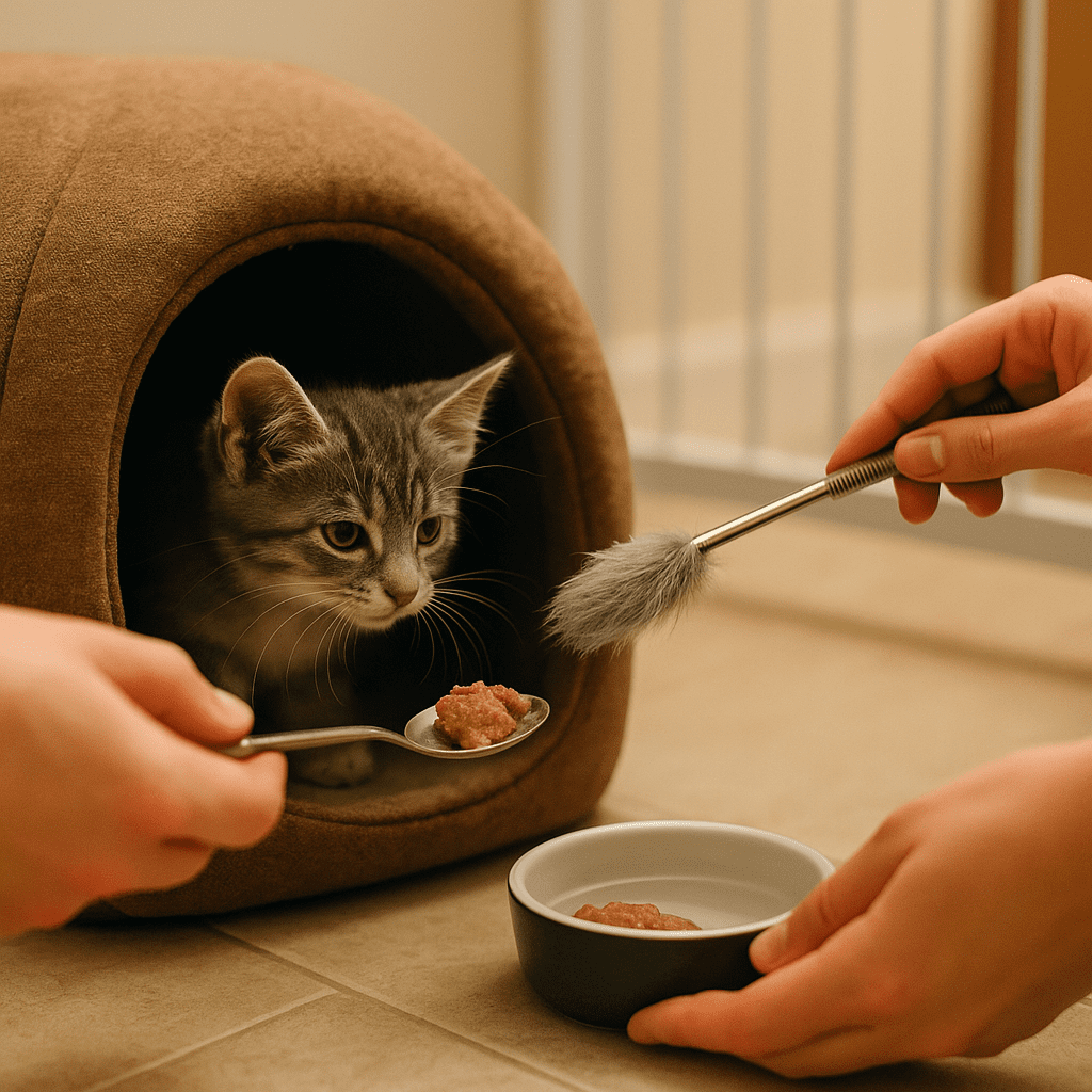 Feral kitten socialization—spoon-feeding while using a soft back-scratcher for gentle proxy touch
