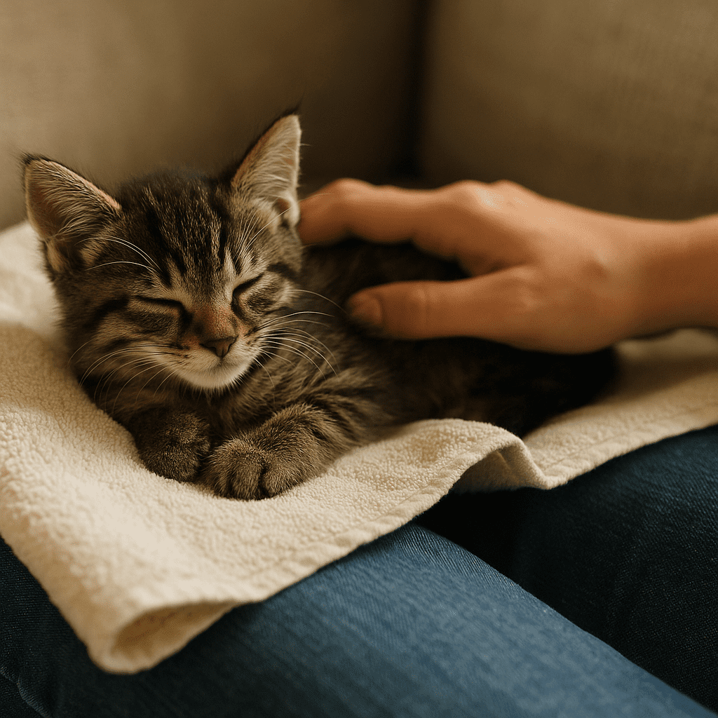 Feral kitten socialization—formerly feral kitten dozing on a towel-covered lap