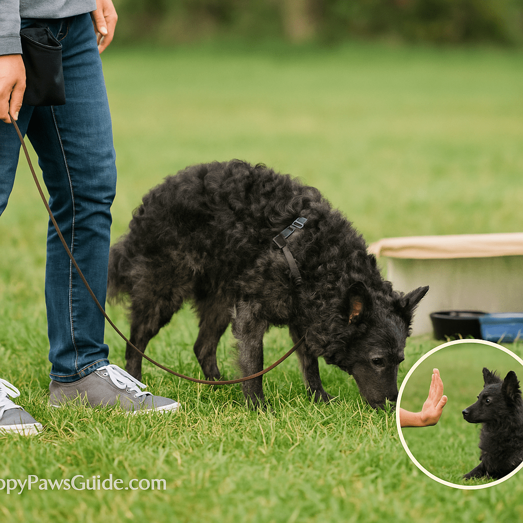 Mudi dog care—sniff walk on a long line and short trick session for mental work