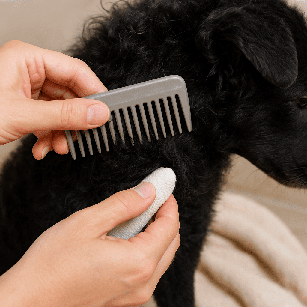 Mudi grooming—wide-tooth comb through friction points to prevent mats