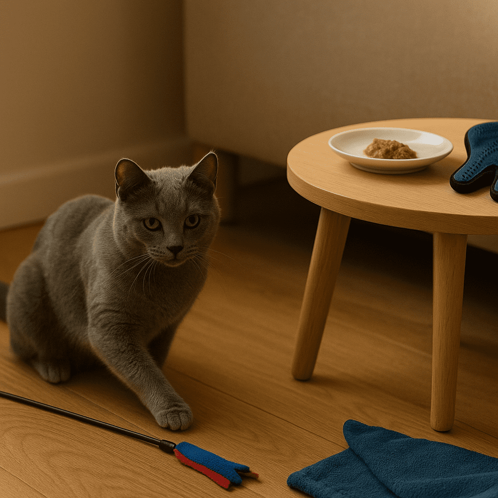 Chartreux cat care—evening play ladder with low wand play, a teaspoon of wet food, and brief glove grooming before sleep