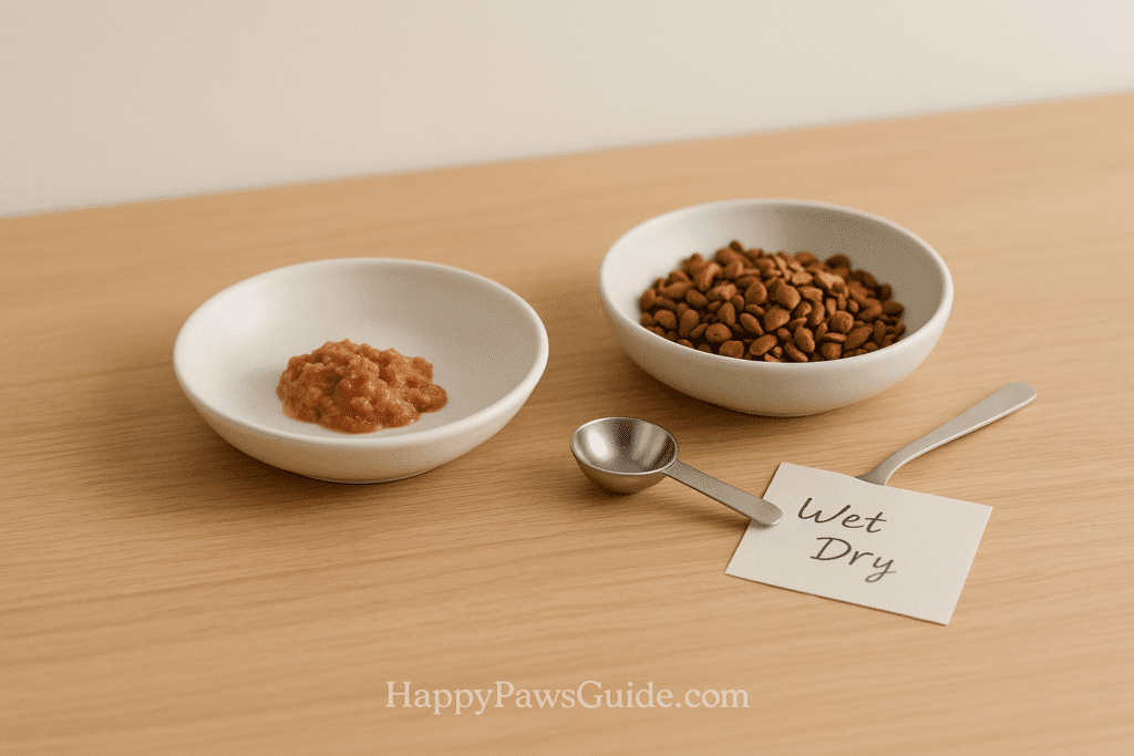 Chartreux cat care—wet and dry food combo served in whisker-friendly bowls with measured portions