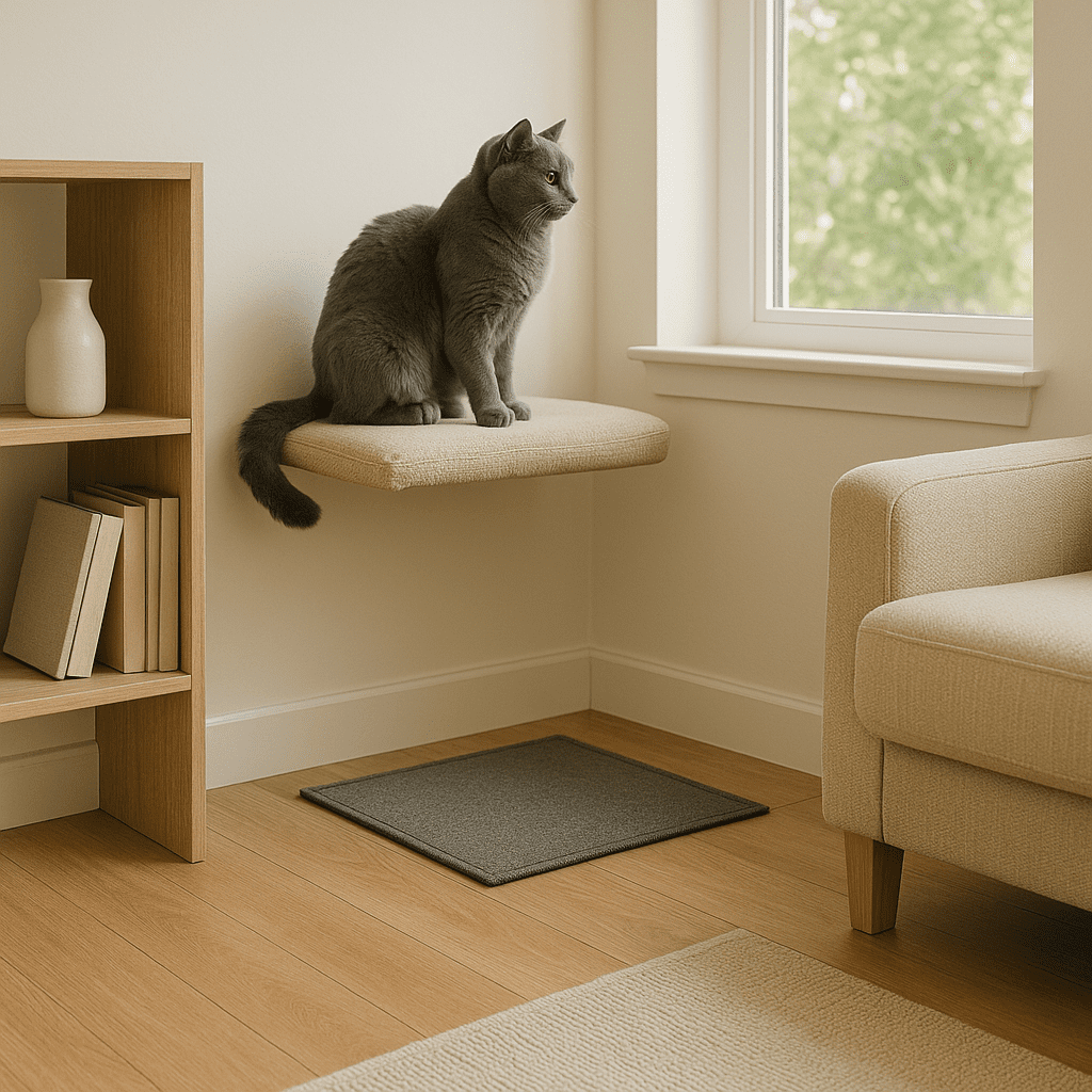 Chartreux cat care—home setup with high window perch, mid-level shelf, and a station mat to encourage calm behavior