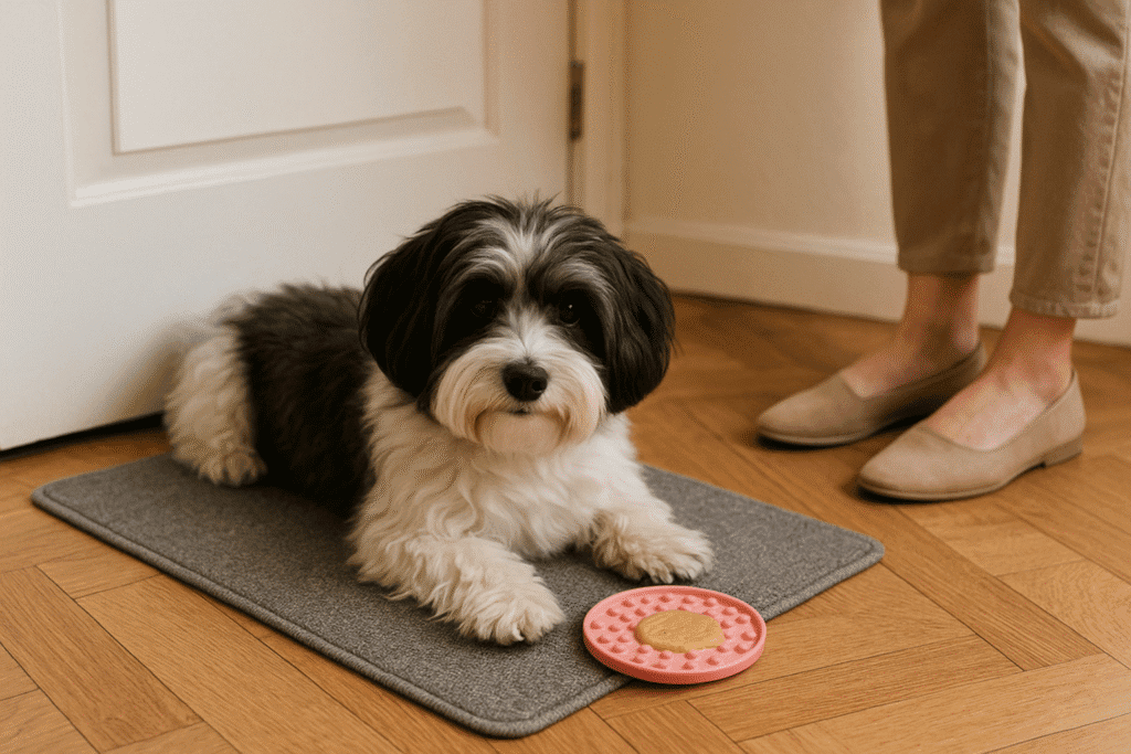 Havanese Care Guide
Havanese relaxing on a mat while practicing calm “settle” training to build independence and reduce separation stress.