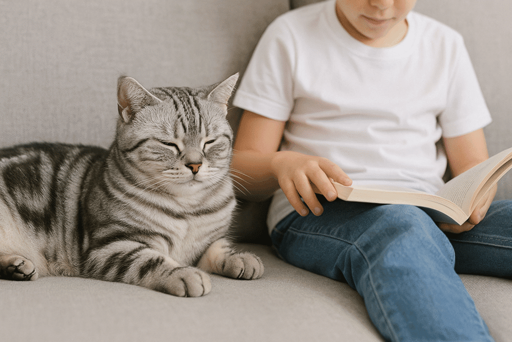 American Shorthair Care Guide
American Shorthair calmly resting next to a child on a couch, illustrating the breed’s tolerant temperament.
