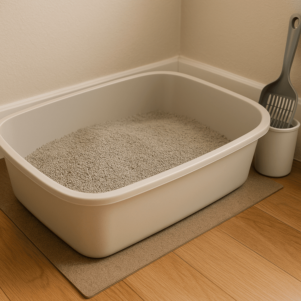 American Shorthair Care Guide
Large uncovered litter box with unscented clumping litter in a quiet location for an American Shorthair.
