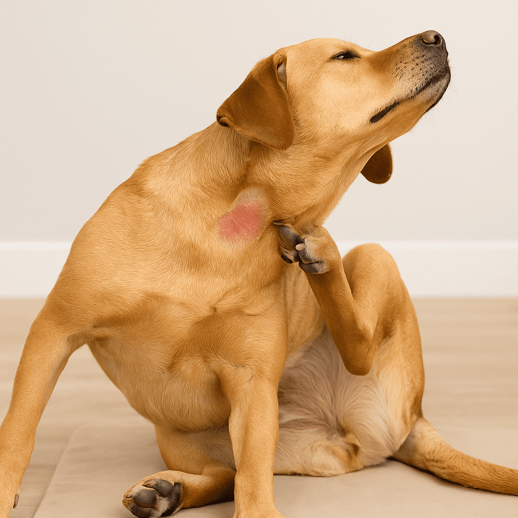 Dog Hot Spots Relief
Dog scratching near its neck showing a mild red hot-spot area, illustrating early signs of acute moist dermatitis.