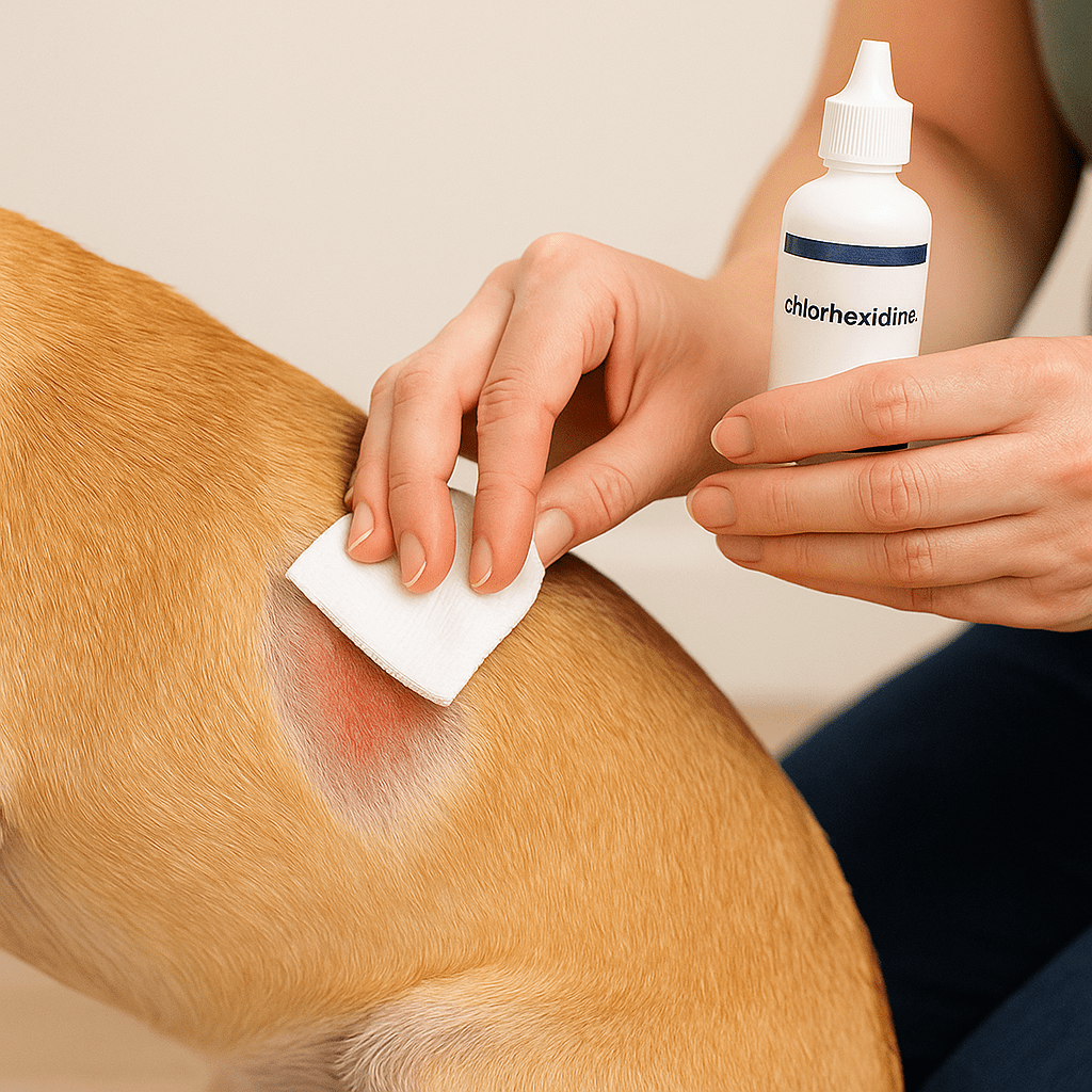 Dog Hot Spots Relief
Owner cleaning a dog’s hot-spot area with pet-safe chlorhexidine gauze as part of first-aid relief.
