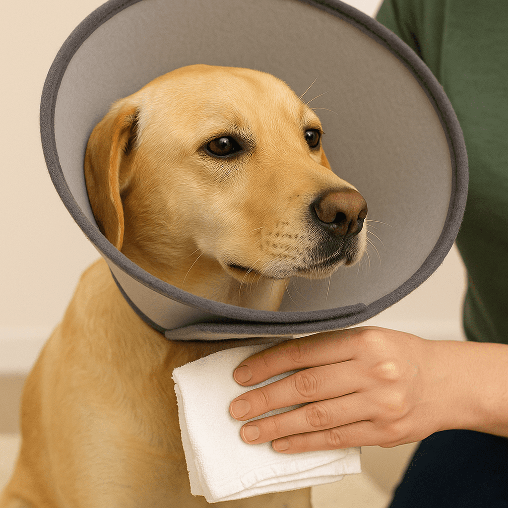 Dog Hot Spots Relief
Dog wearing a recovery collar receiving a cool compress for itch relief during hot-spot treatment.