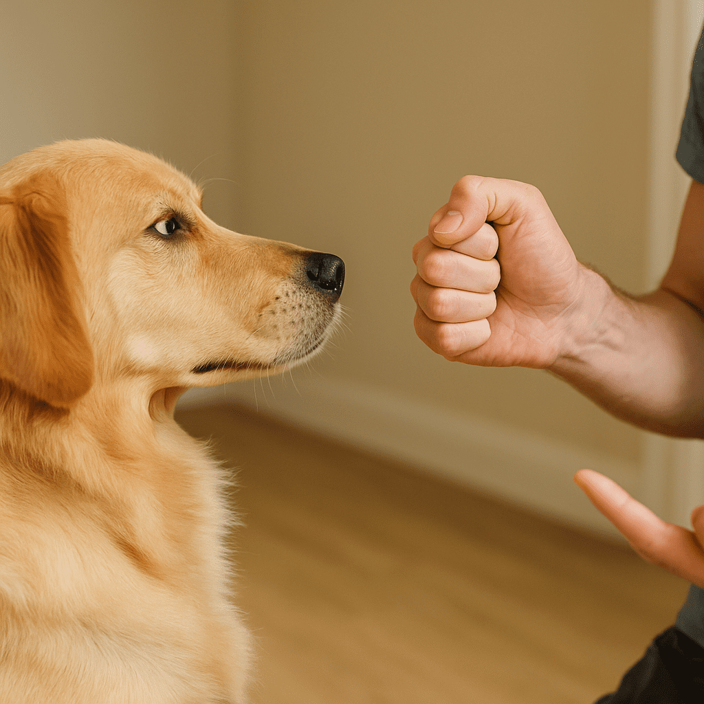 teach leave it
Dog disengaging from a closed fist as the trainer marks the first “Leave It” success.