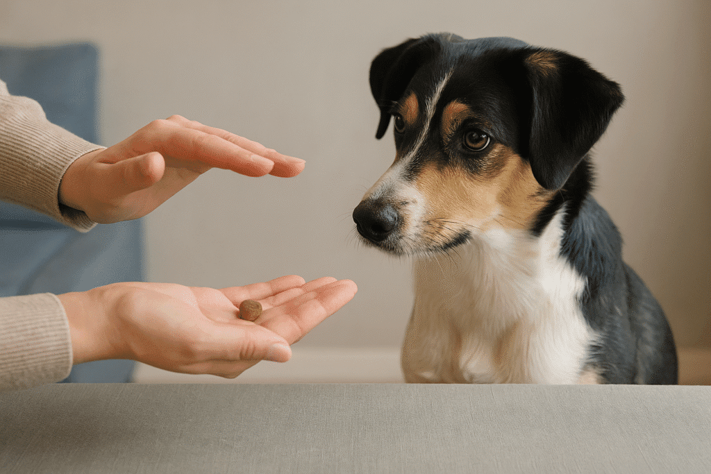 Teach Leave It
Open-palm “Leave It” with a safety lid as the dog pauses and checks in with the handler.
