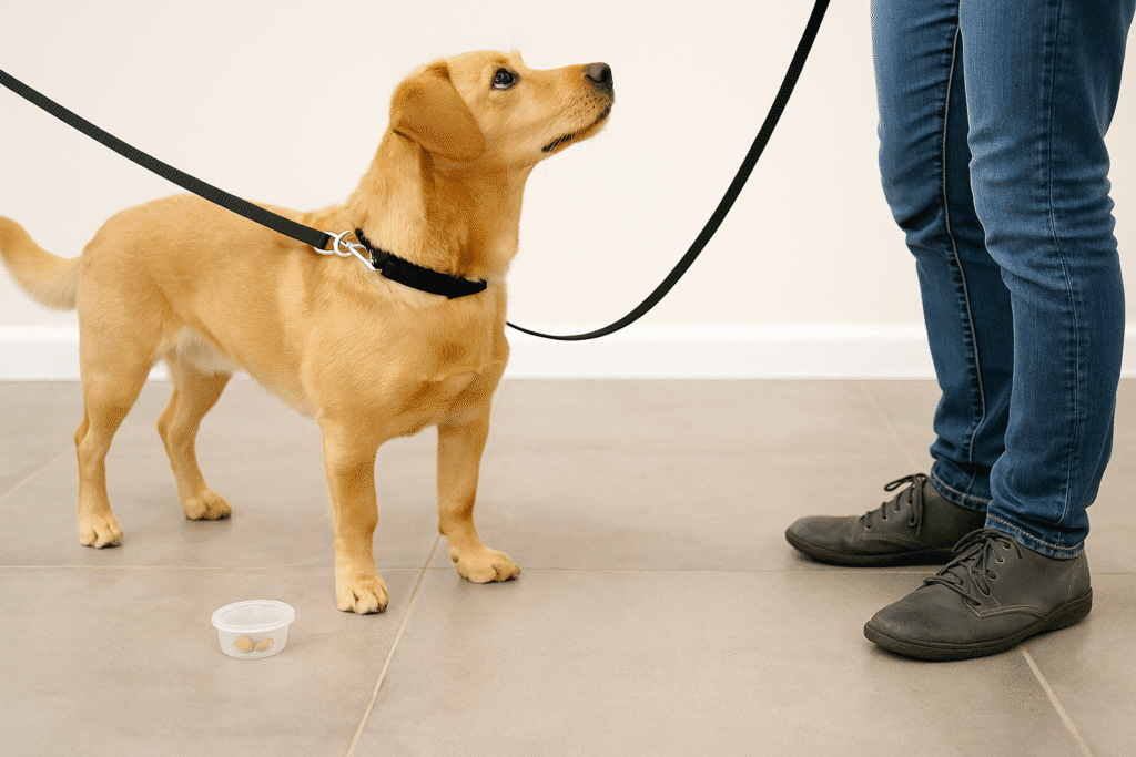 teach leave it
Leashed dog turning away from a floor decoy and offering eye contact during Leave It practice.