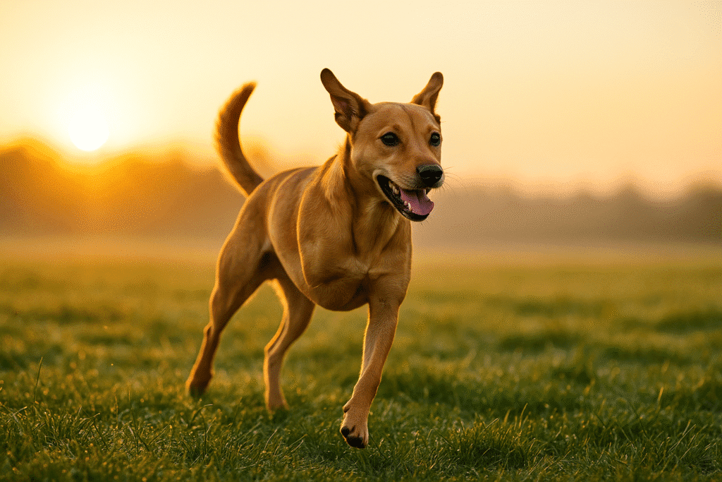 three-legged rescue dog
Three-legged dog sprinting happily on grass at sunrise, showing strength and joy.
