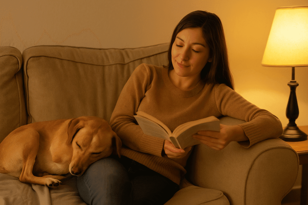 three-legged rescue dog
Owner reading on the couch while three-legged rescue dog naps beside her.