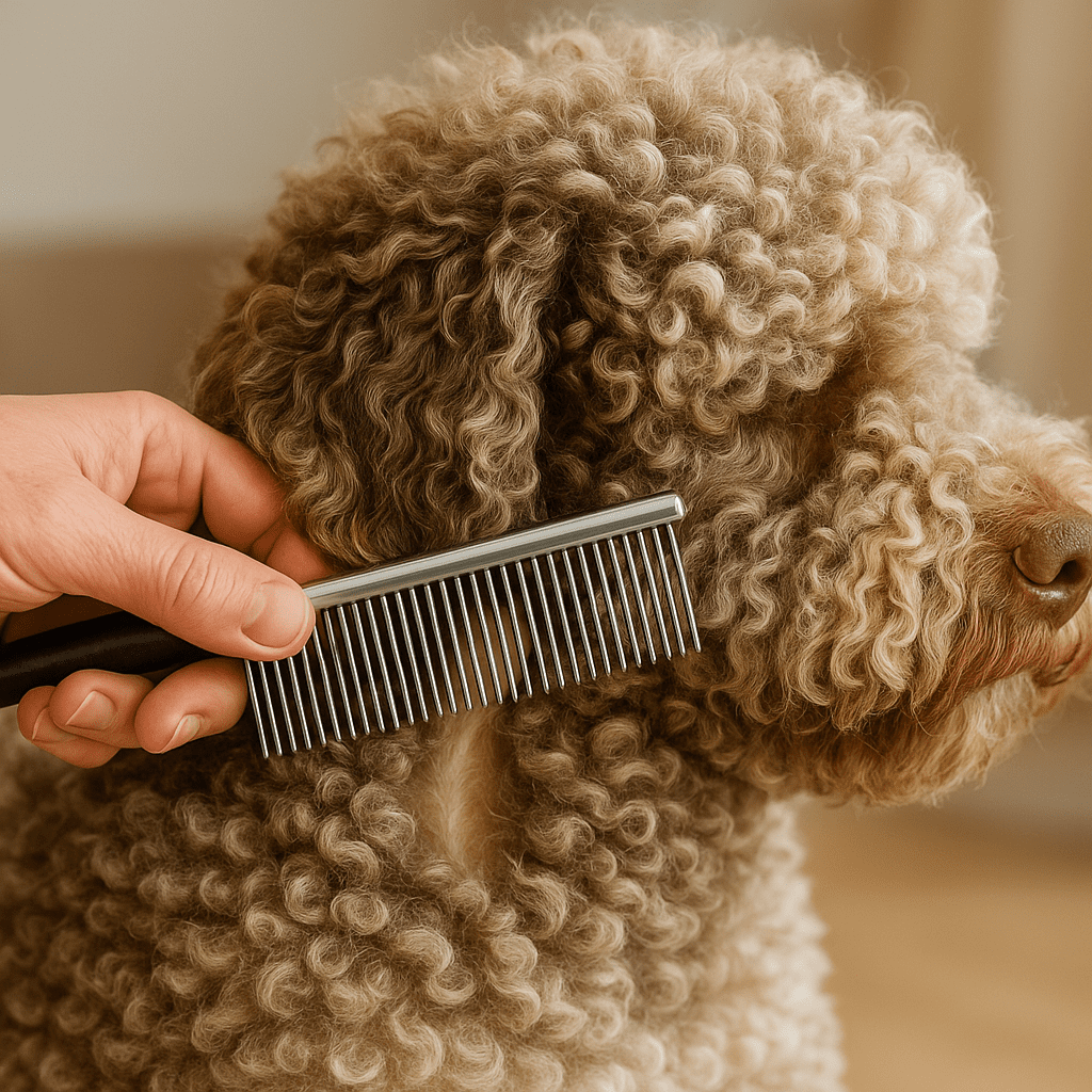 lagotto romagnolo care guide
Owner combing a Lagotto Romagnolo’s curls to the skin behind the ear to prevent matting