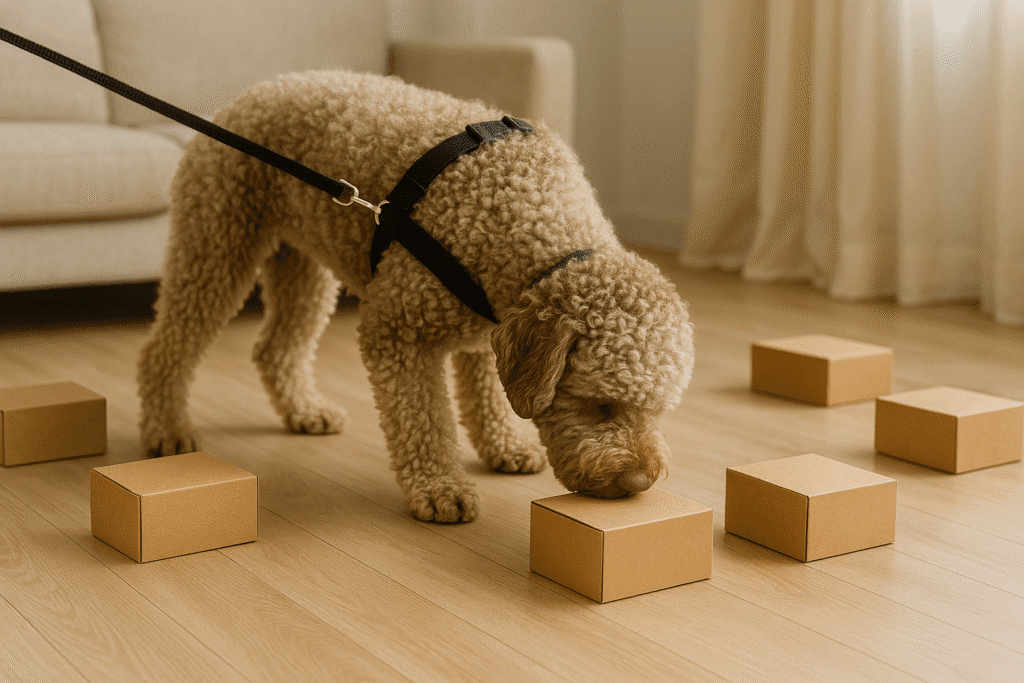 lagotto romagnolo care guide
Lagotto Romagnolo doing a nosework box search as mental exercise at home
