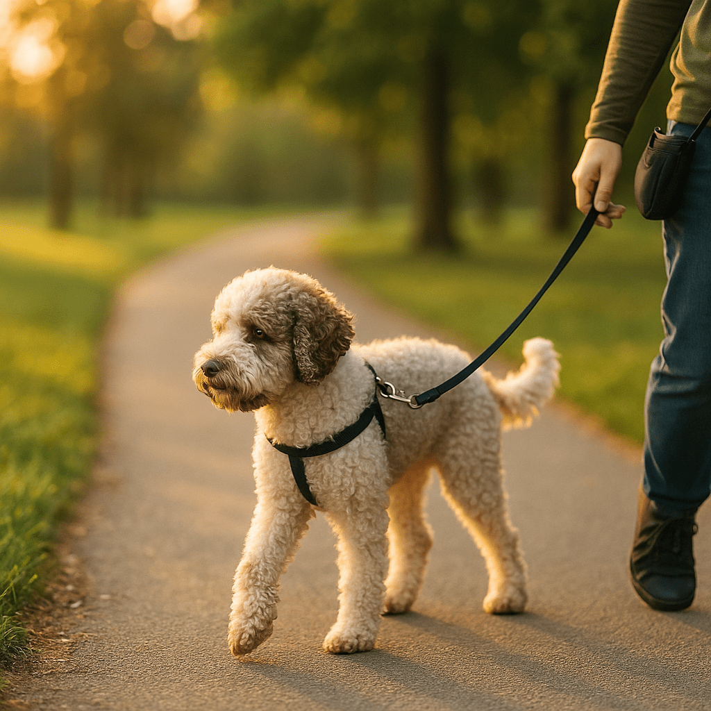 lagotto romagnolo care guide
Lagotto Romagnolo walking on a loose leash during a calm evening routine
