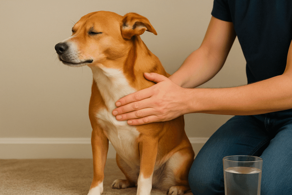 Dog Reverse Sneezing at Night
Owner gently stroking a dog’s upper chest to encourage a swallow during a reverse sneeze