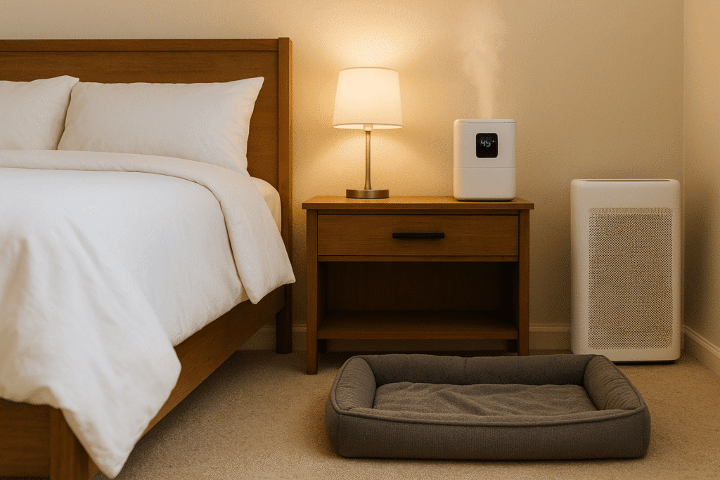 Dog Reverse Sneezing at Night
Bedroom setup for dogs with reverse sneezing—humidifier, clean bedding, and fragrance-free night routine