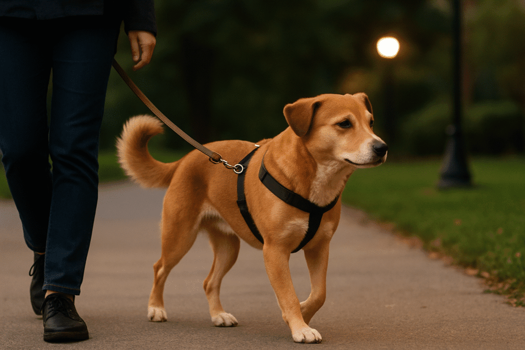 Dog Reverse Sneezing at Night
Dog walking on a harness with a loose leash during an evening routine to reduce airway triggers
