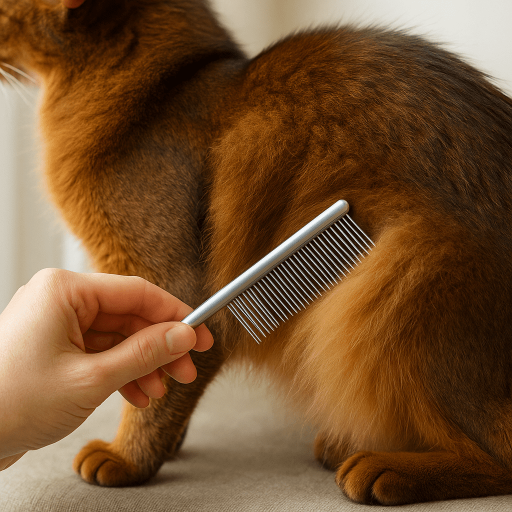 Somali Cat Care
Owner gently combing a Somali cat’s britches to the skin to prevent tangles.