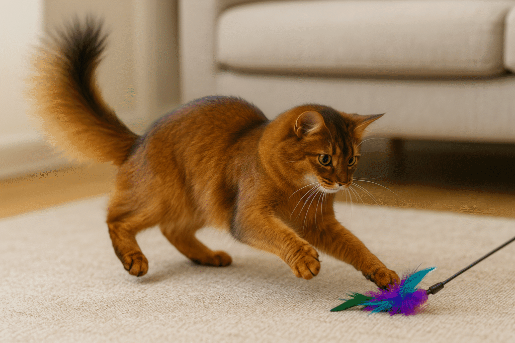 Somali Cat Care
Somali cat engaged in a prey-sequence wand play, mid-pounce with focused eyes.