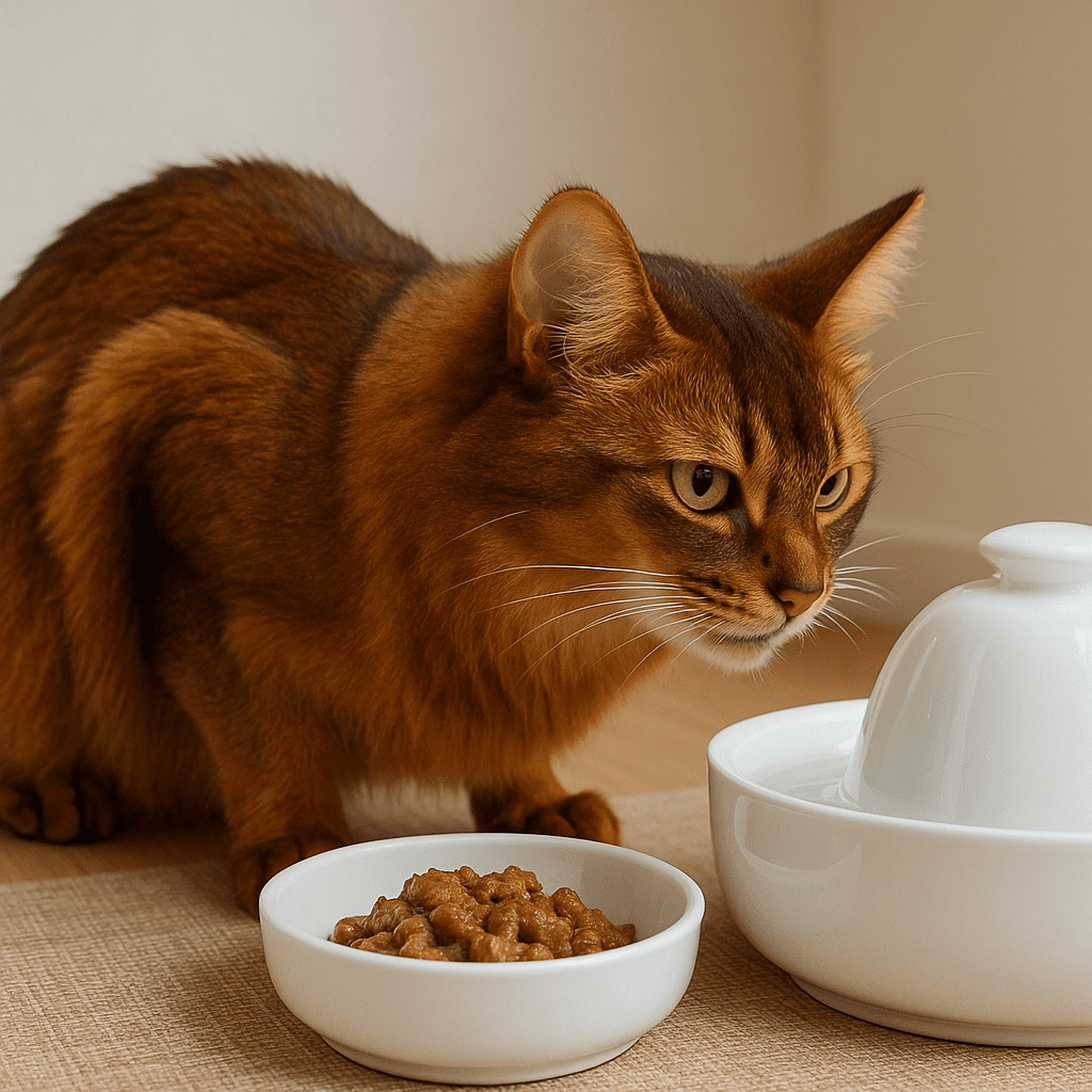 Somali Cat Care
Somali cat eating a moisture-rich meal beside a clean water fountain for hydration support.