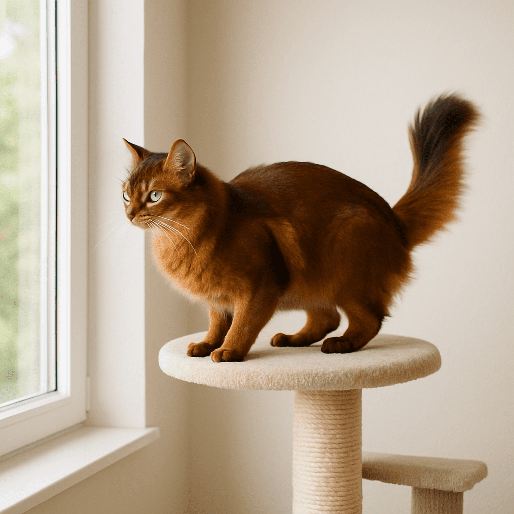 Somali Cat Care
Somali cat confidently using a tall cat tree near a bright window for vertical enrichment.